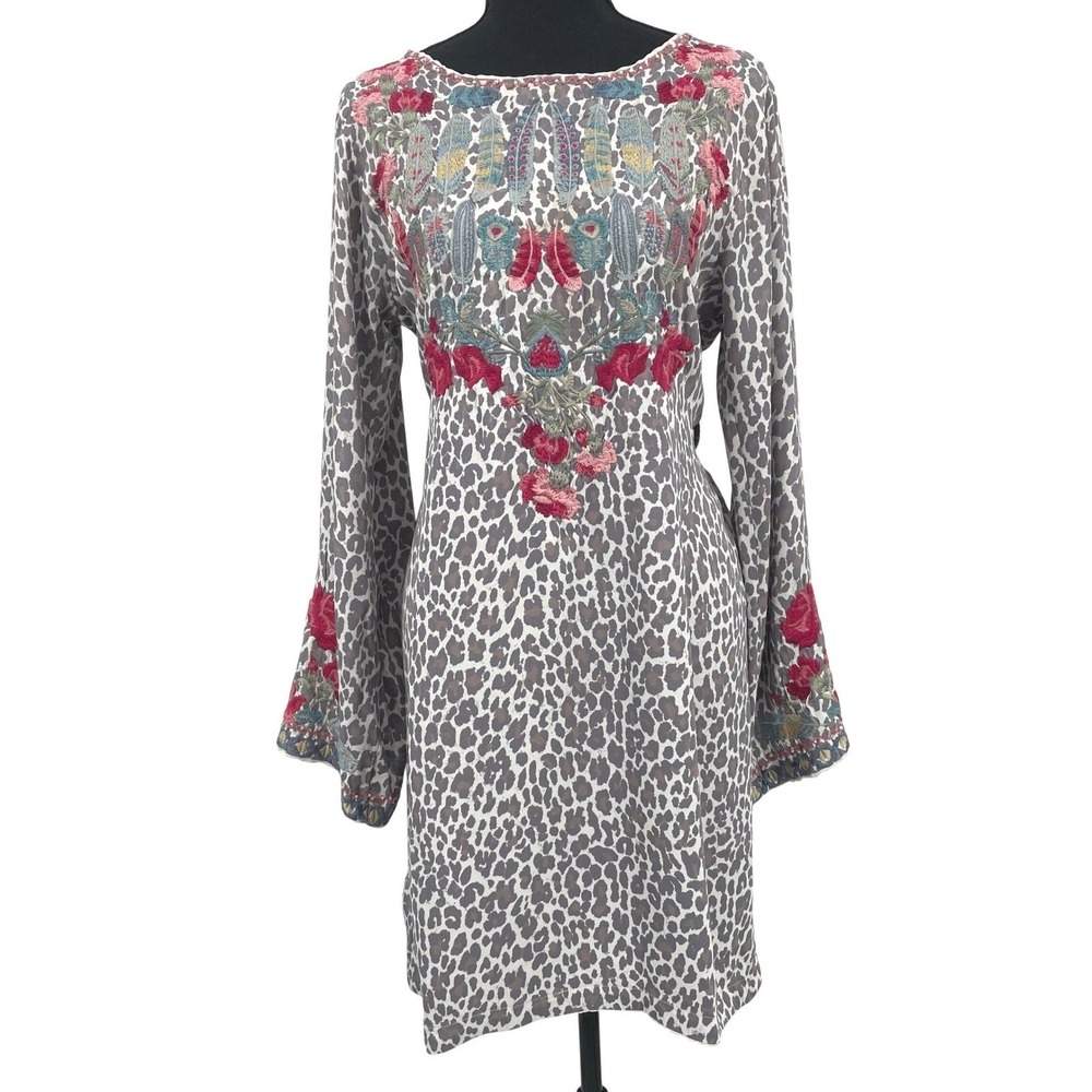 Biya Johnny Was Dress S Gray Leopard Floral Feather Embroidered Tunic Tie Waist